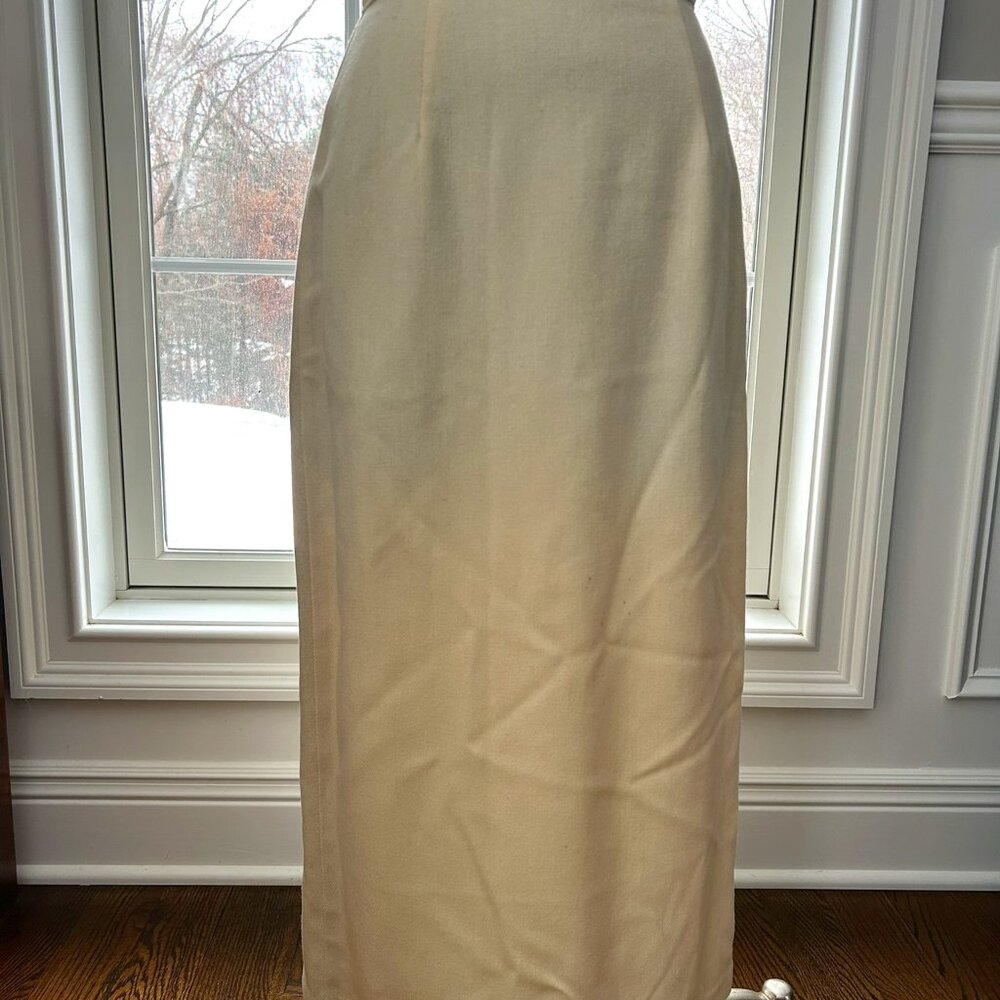 Vintage Off-White Long Wool Pencil Skirt with Pleated Kick - Women's Size Small